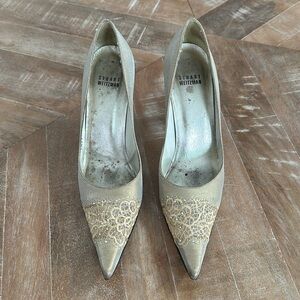 Stuart Weitzman Gold pointy heels with rhinestones around the front